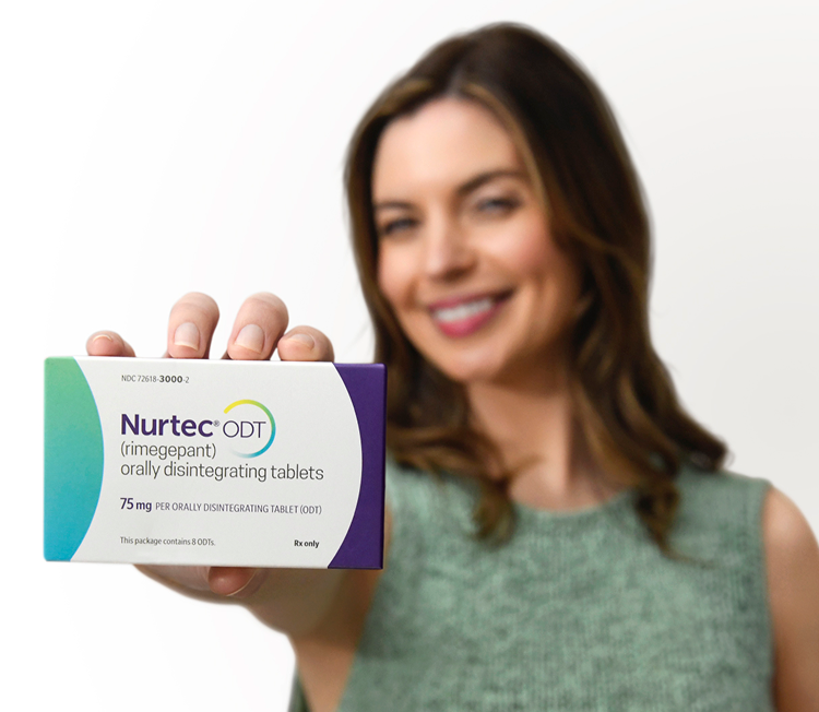Actor portrayal of a woman holding a pack of Nurtec® ODT (rimegepant)