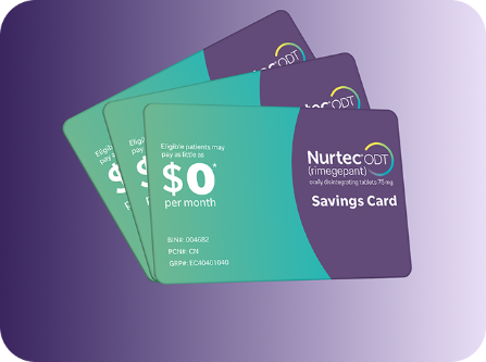Front view of Nurtec® ODT (rimegepant) savings card